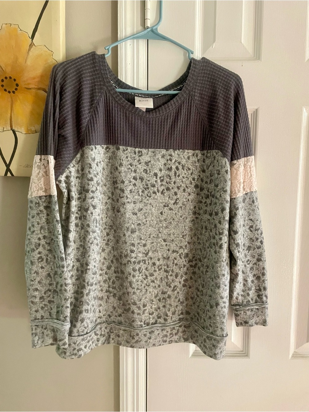 Knox Rose Grey Leopard-Print Pullover with Charcoal Yoke & Blush Lace